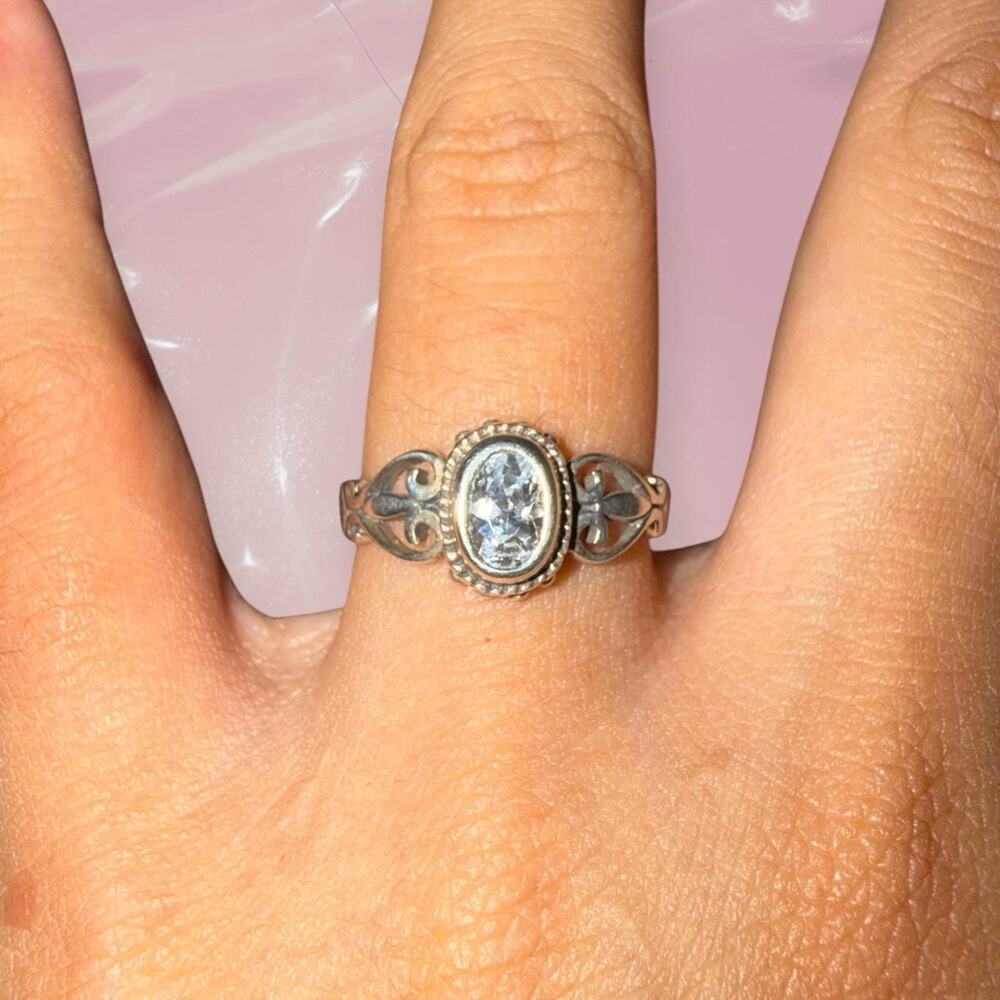 Vintage Fairycore 925 Sterling Silver Clear Quartz Scroll Ring Fine Jewelry Goth